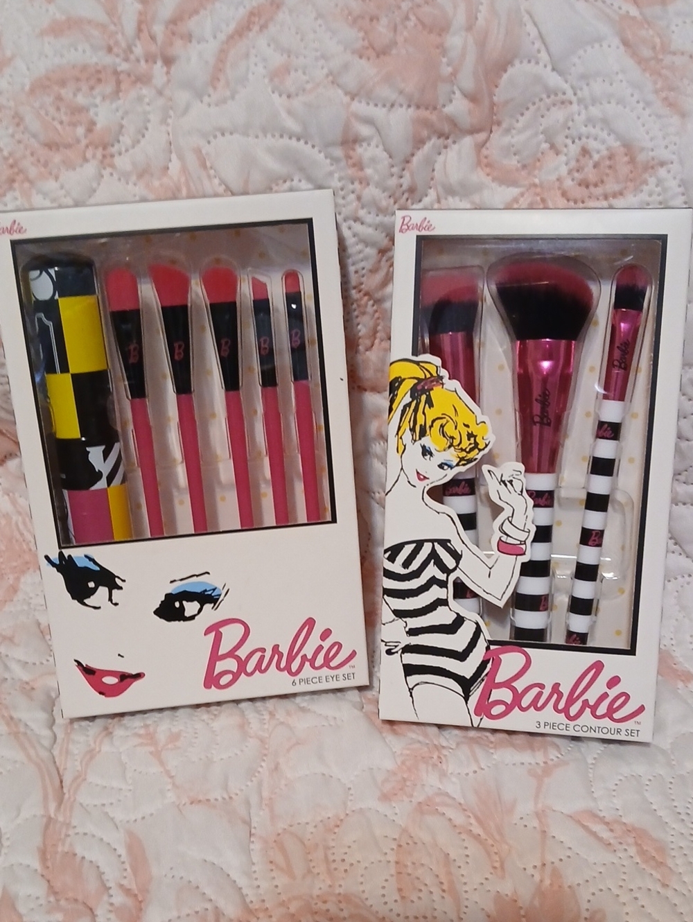 Barbie Pink, Black & White Striped Makeup Brush Sets - 3 & 6 Piece Options